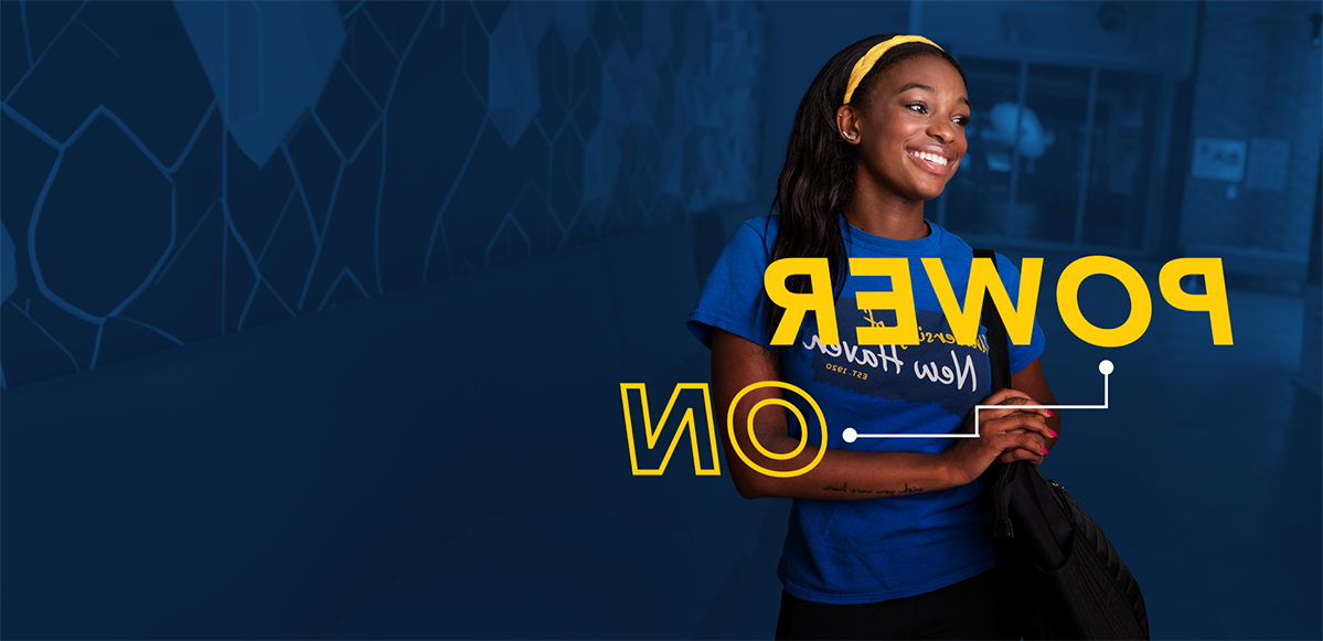 Power On graphic over a smiling student on a dark blue background.